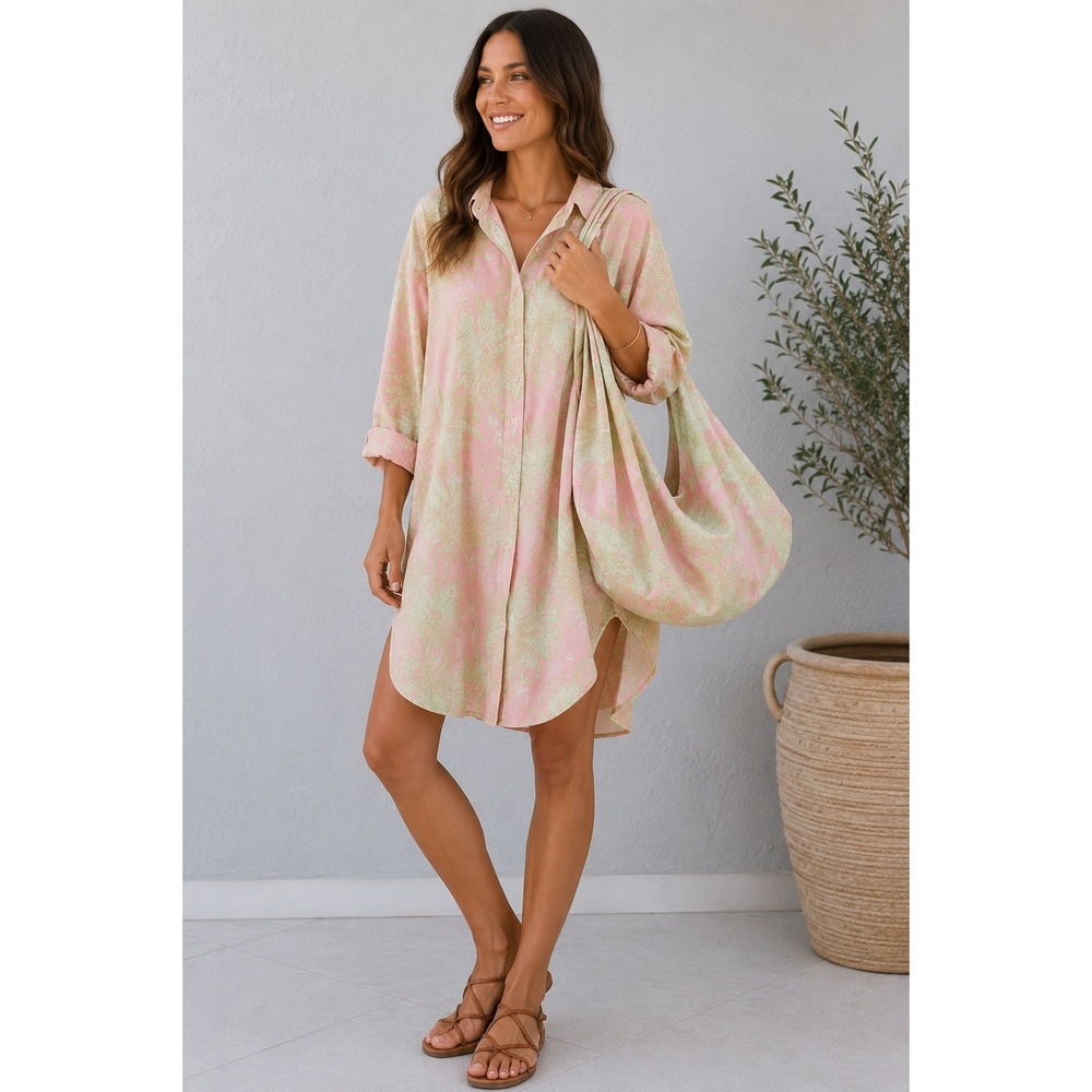 Modaposa Gabriella Pink Lime Green Botanical Cotton Shirt Dress & Bag Set Size M